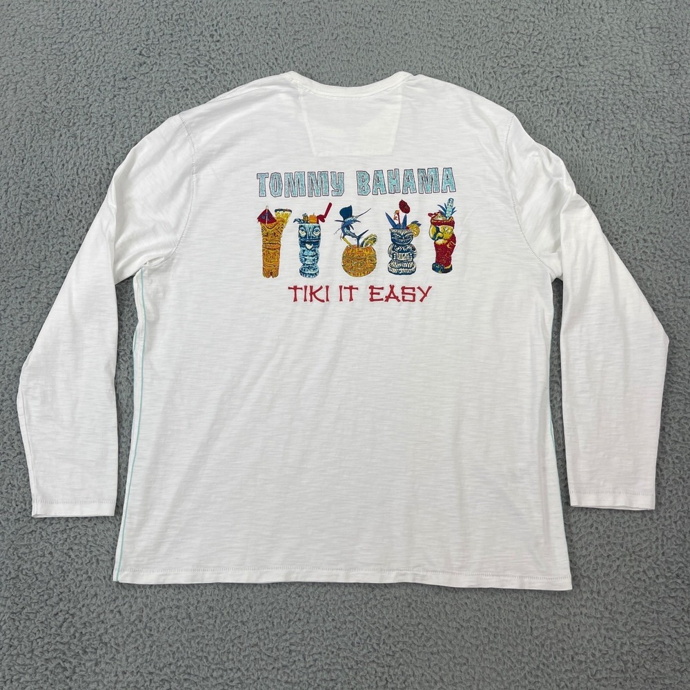 Tommy Bahama T-Shirt Mens XXL White Tiki It Easy Long Sleeve Cotton Tee